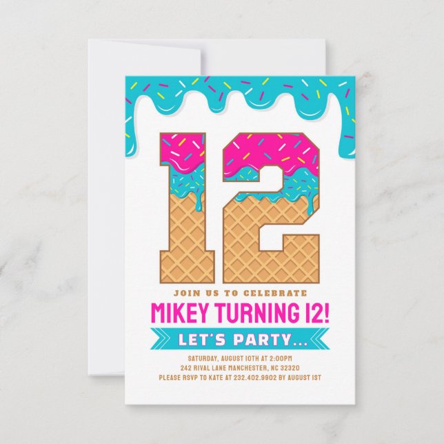 12th Birthday Ice Cream Drip Invitation Einladung (Vorderseite)