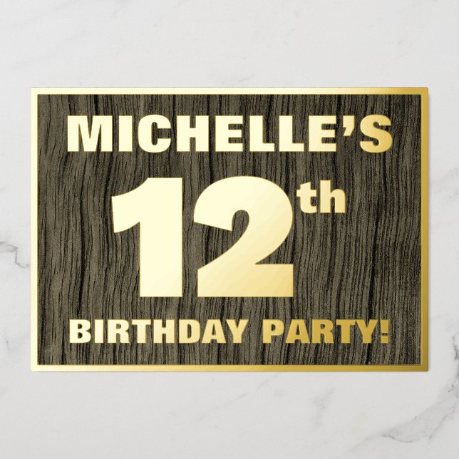 12th Birthday Party: Bold, Falschwood Grain Patter Folieneinladung (Vorderseite)