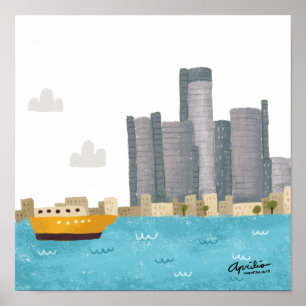 12x12 Whimsical Detroit Skyline Poster
