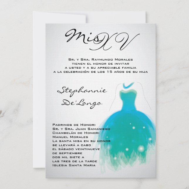 12x18 aquamarine KleidQuinceanera Einladung (Vorderseite)