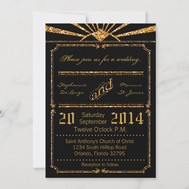 12x18 Art Deco 20's Gold Glitzer Einladung Hochzei (Vorderseite)