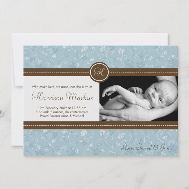 12x18 Baby Boy Blue Floral Foto Geburtsankündigung Ankündigung (Vorderseite)