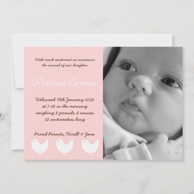 12x18 BabyGirl Pink 3 Birds Foto Geburtsankündigun Ankündigung (Vorderseite)