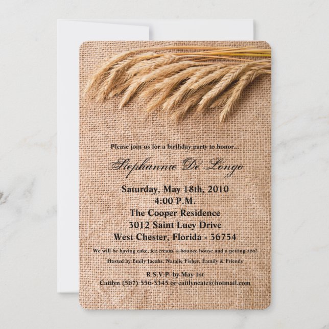 12x18 Birthday Einladung Wheat on Burlap Sack Coun (Vorderseite)