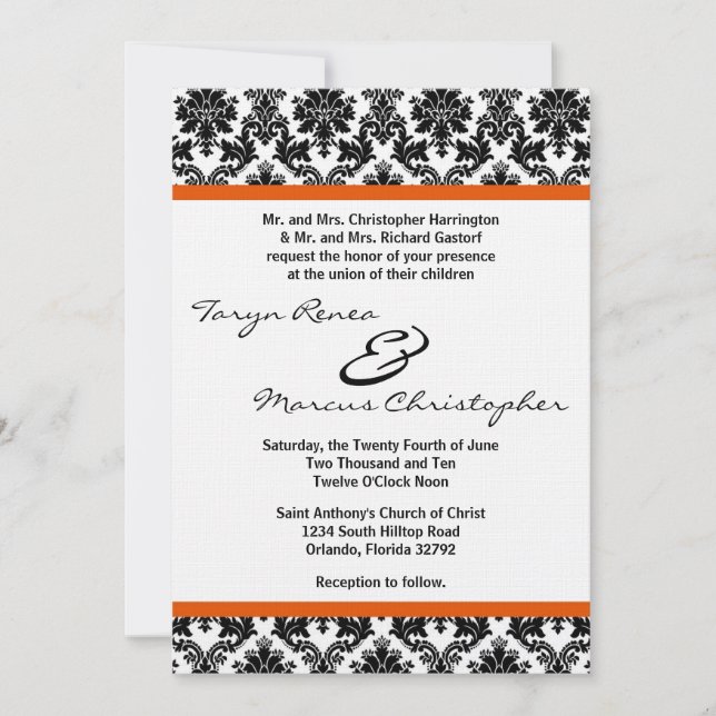 12x18 Black Damask & Orange Linen Einladung zur Ho (Vorderseite)