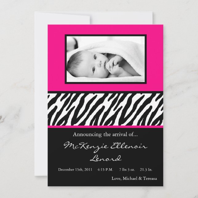 12x18 Black Hot Pink Zebra FOTO Geburtsankündigung Ankündigung (Vorderseite)