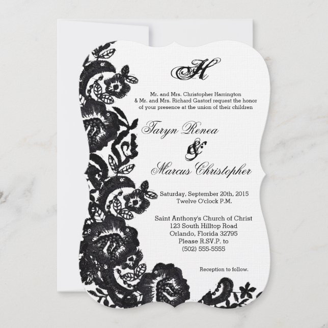 12x18 Black Lace Damask Antiquitätenhochzeit Einla Einladung (Vorderseite)