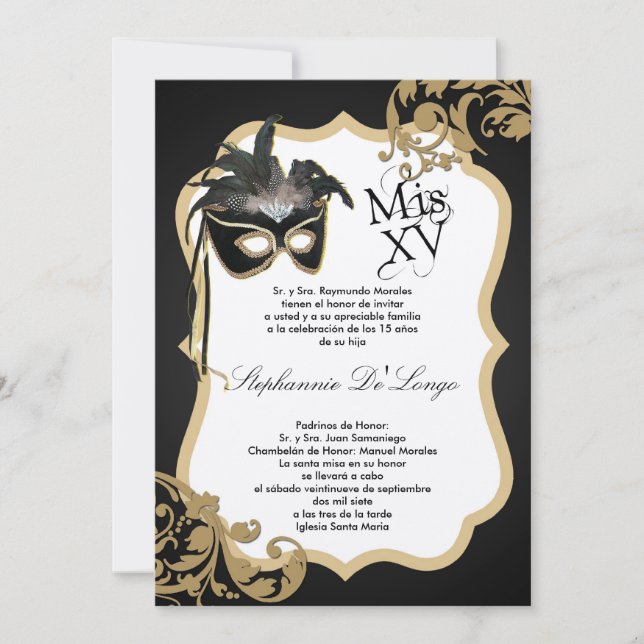 12x18 Black Masquerade Maske Quinceanera Einladung (Vorderseite)
