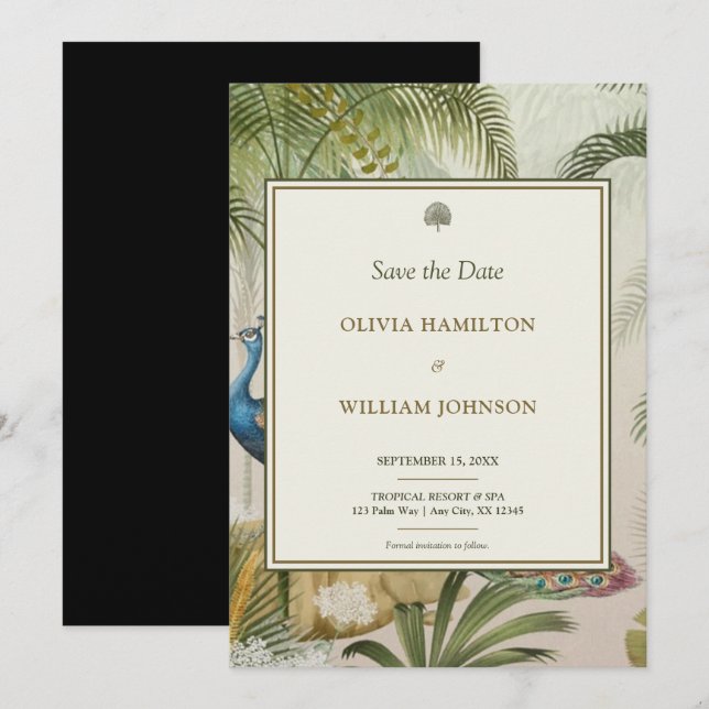12x18 Black Tropical Peacock Palm Wedding Save The Date (Vorne/Hinten)