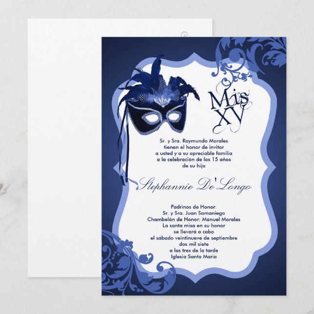 12x18 blaue Maskerade-Maske Quinceanera Einladung (Vorne/Hinten)