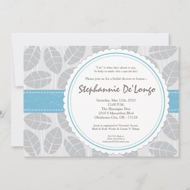 12x18 Blue Band Leaf Foliage Brida Dusche Einladun Einladung (Vorderseite)