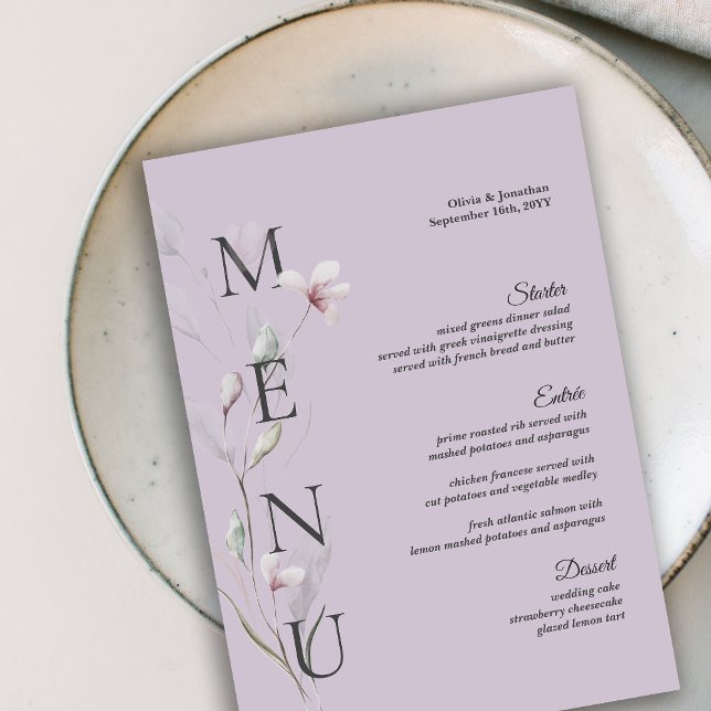 12x18" Botanische Lila Speisekarte für Hochzeiten Einladung (purple botanical simple wedding table menu card)