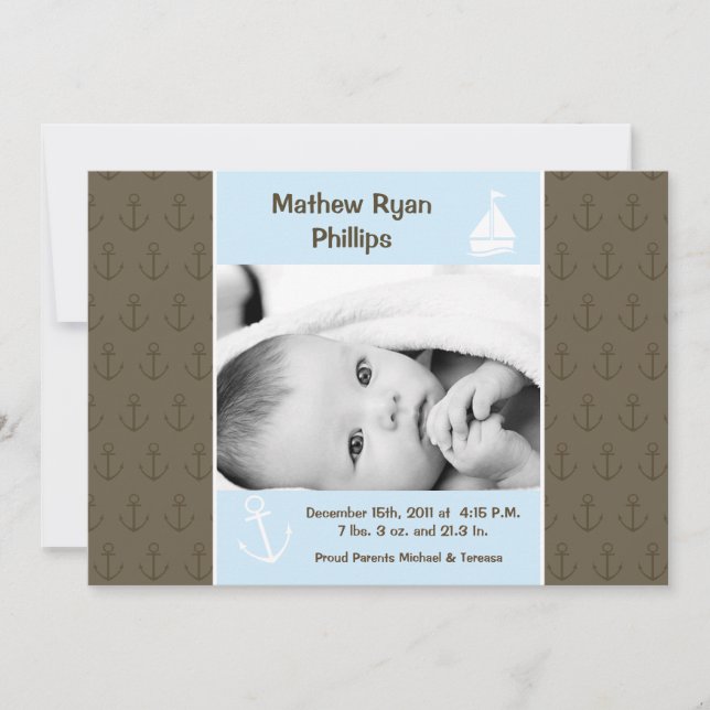 12x18 Boy Nautical Sailing FOTO Geburtsankündigung Ankündigung (Vorderseite)