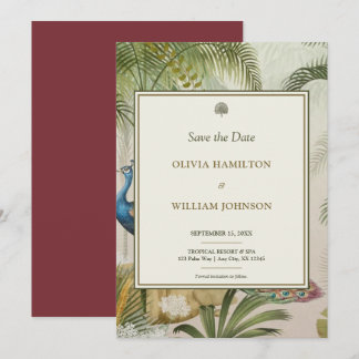 12x18 Burgandy Tropical Peacock Palm Wedding Save The Date