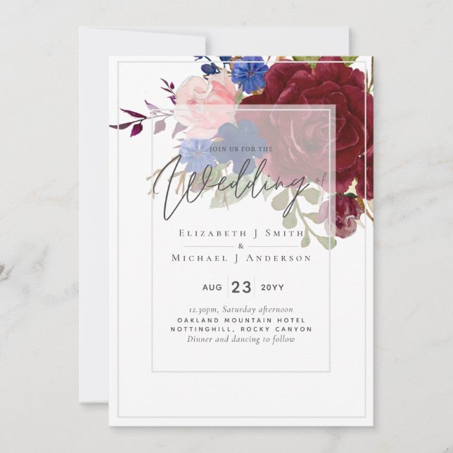 12x18 Burgund Blue Pink Bläserne Hochzeitseinladun (Vorderseite)