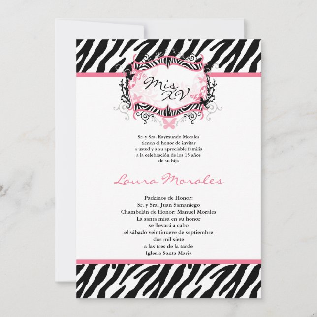 12x18 Butterfly Zebra Print Quinceanera Einladung (Vorderseite)