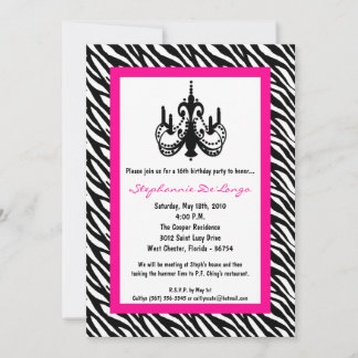 12x18 Chandelier Pink Zebra 16. Geburtstagseinladu Einladung