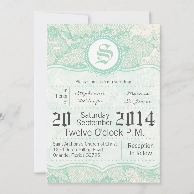 12x18 Country Mint Lace Print Wedding Einladung (Vorderseite)