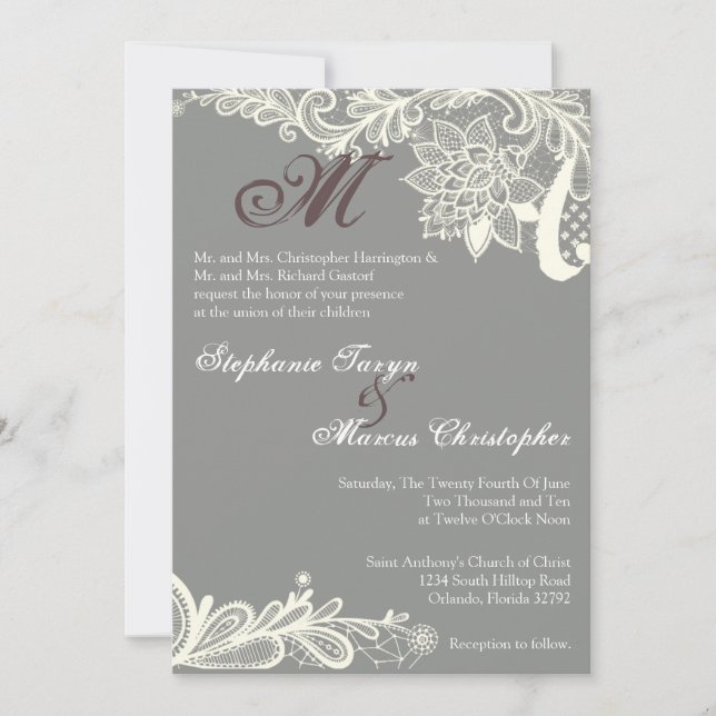 12x18 Country Vintag Lace Gray Hochzeit Einladung (Vorderseite)