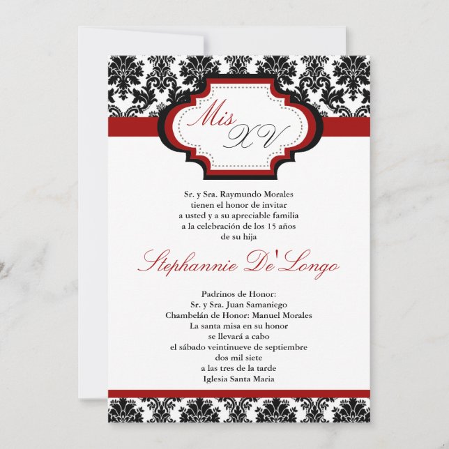 12x18 Crimson Red Damask Quinceanera Einladung (Vorderseite)
