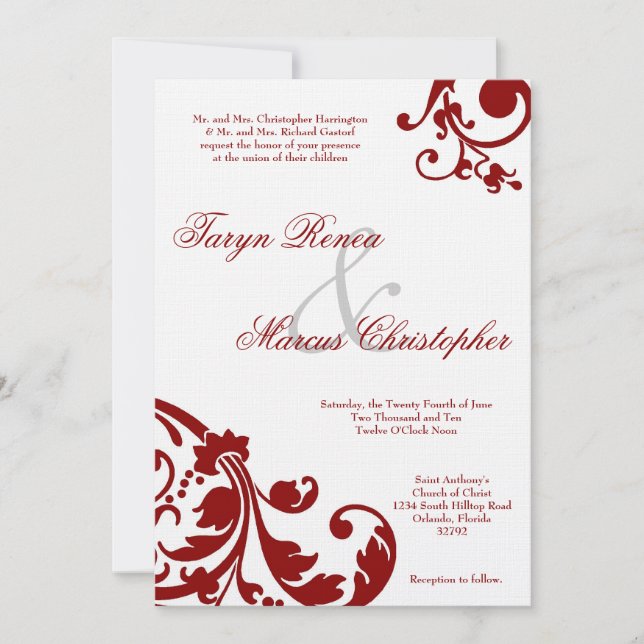 12x18 Crimson Red Floral Linen Hochzeit Einladung (Vorderseite)