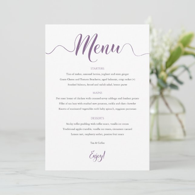 12x18 des lila Hochzeitmenüs Menükarte (Stehend Vorderseite)