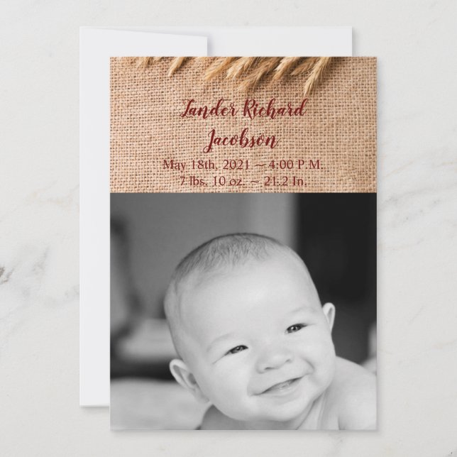 12x18 Foto Birth Announcement Army Wheat on Burlap Ankündigung (Vorderseite)