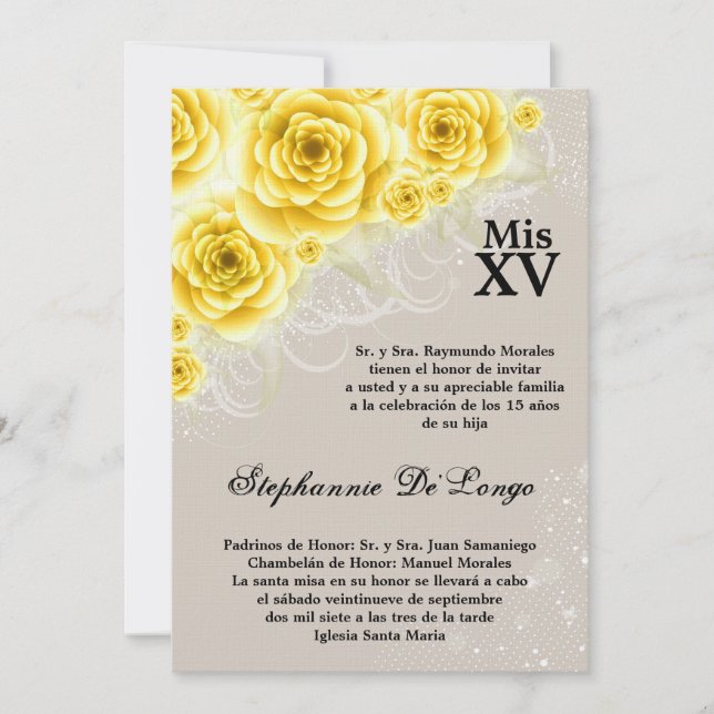 12x18 gelbe Rosen Quinceanera Einladung (Vorderseite)