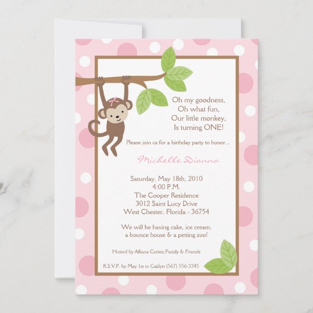 12x18 Girl Pink Monkey Jungle Einladung (Vorderseite)