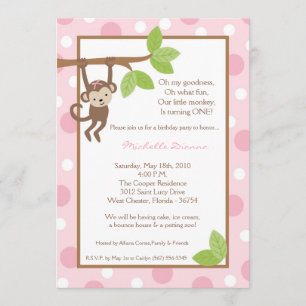12x18 Girl Pink Monkey Jungle Einladung