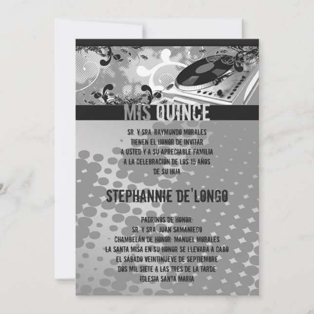 12x18 graues DJ spinnen Turntable Quinceanera Einladung (Vorderseite)