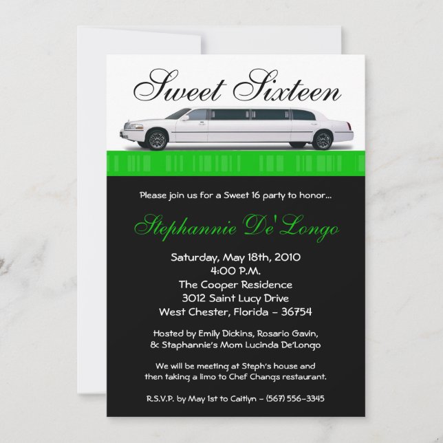 12x18 Green Limo Sweet 16 Geburtstag Einladung (Vorderseite)