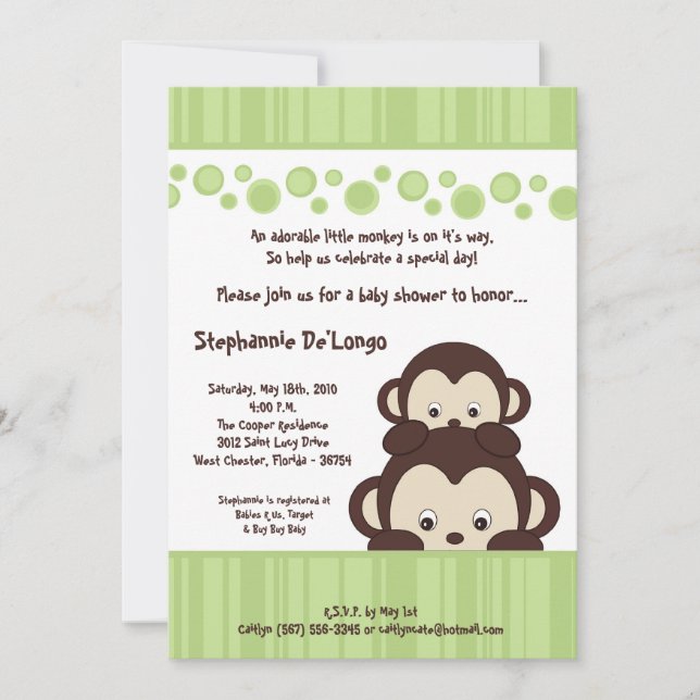 12x18 Green Pop Monkey Neutra Babydusche Einladung (Vorderseite)