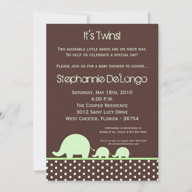 12x18 Green Twin Mod Elephant Baby Shower Einladun Einladung (Vorderseite)