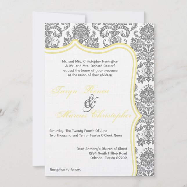 12x18 Grey Yellow Damask Hochzeitsreise Einladung (Vorderseite)