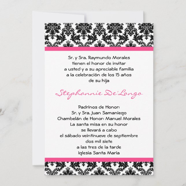 12x18 Hot Pink Blac Damask Quinceanera Einladung (Vorderseite)