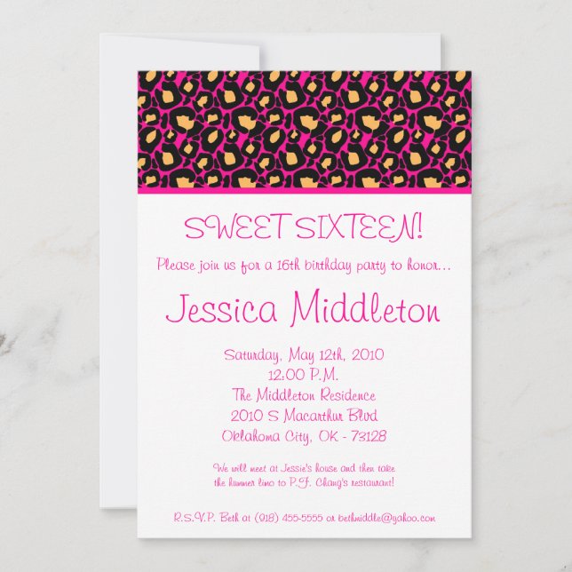 12x18 Hot Pink Cheetah 16. Geburtstag Einladung (Vorderseite)