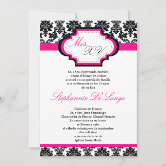 12x18 Hot Pink Damask Quinceanera Einladung