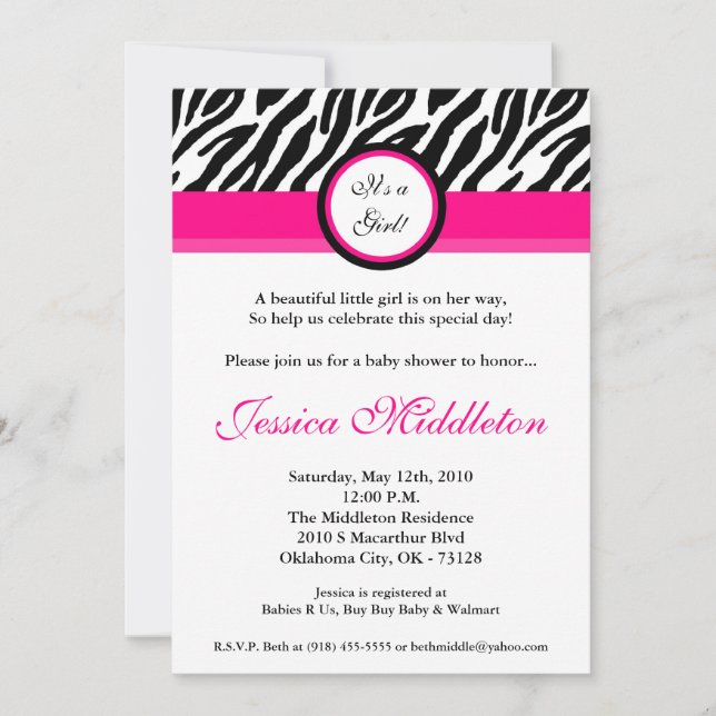 12x18 Hot Pink Zebra Print Baby Dusche Einladung (Vorderseite)