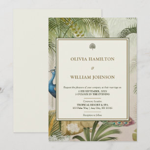 12x18 Ivory Tropical Peacock Palm Wedding Einladung
