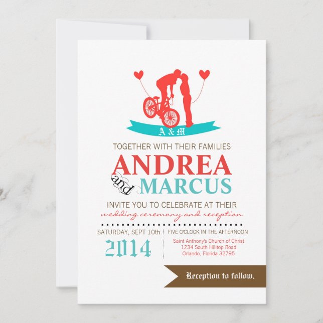 12x18 Liebe Paar auf Fahrrad Hochzeit Einladung (Vorderseite)