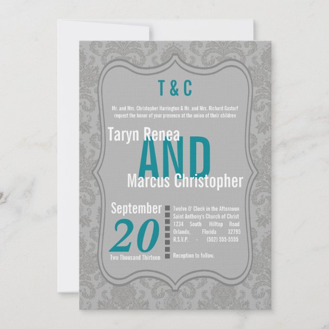 12x18 Modern Gray Damask Aquamarin Hochzeitseinlad Einladung (Vorderseite)