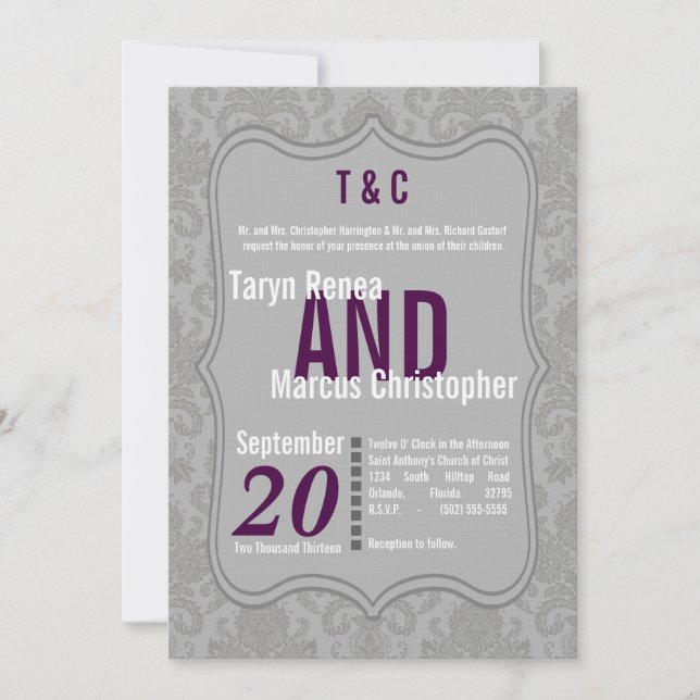 12x18 Modern Gray Damask Lila Hochzeitseinladung Einladung (Vorderseite)