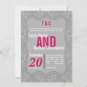 12x18 Modern Gray Hot Pink Damask Einladung