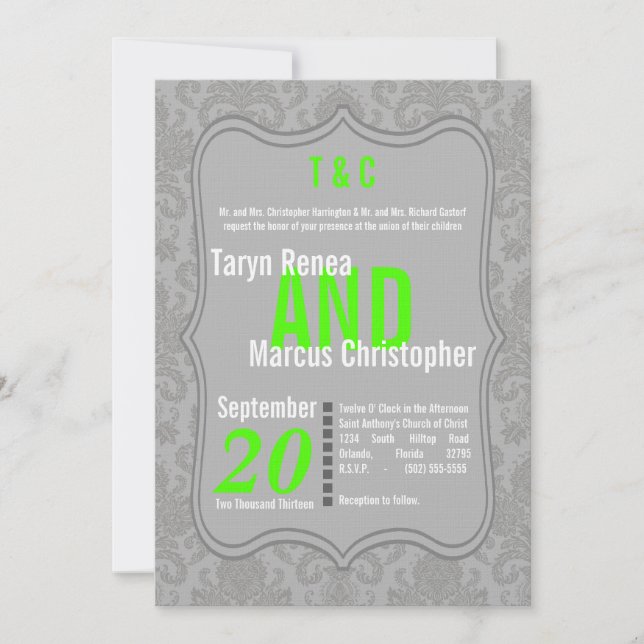 12x18 Modern Gray Neon Damask Einladung zur Hochze (Vorderseite)
