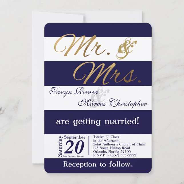 12x18 Modern Stripe Navy Bl White Wedding Einladun Einladung (Vorderseite)