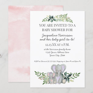 12x18 Mommy Baby Elephant Foliage Blush Pink Dusch Einladung