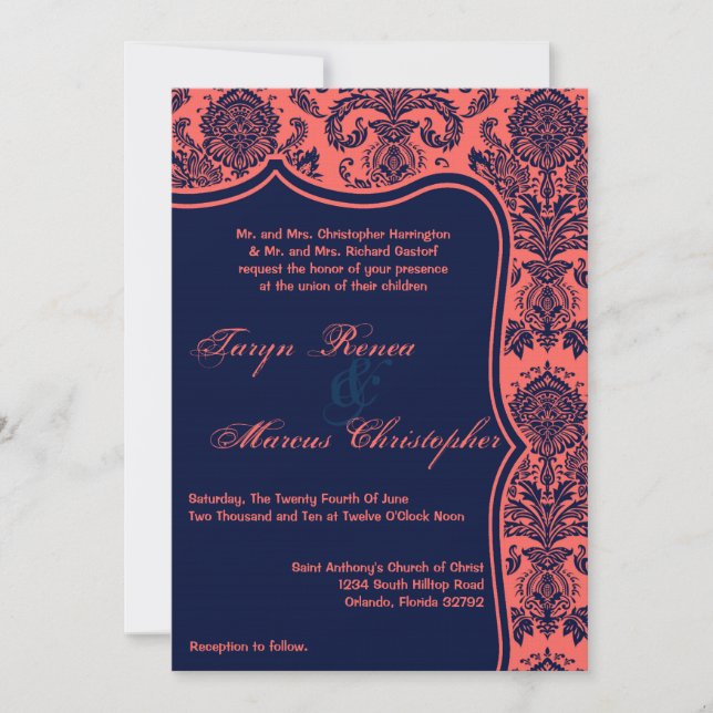 12x18 Navy Blue Coral Damask Spitzen Einladung Hoc (Vorderseite)
