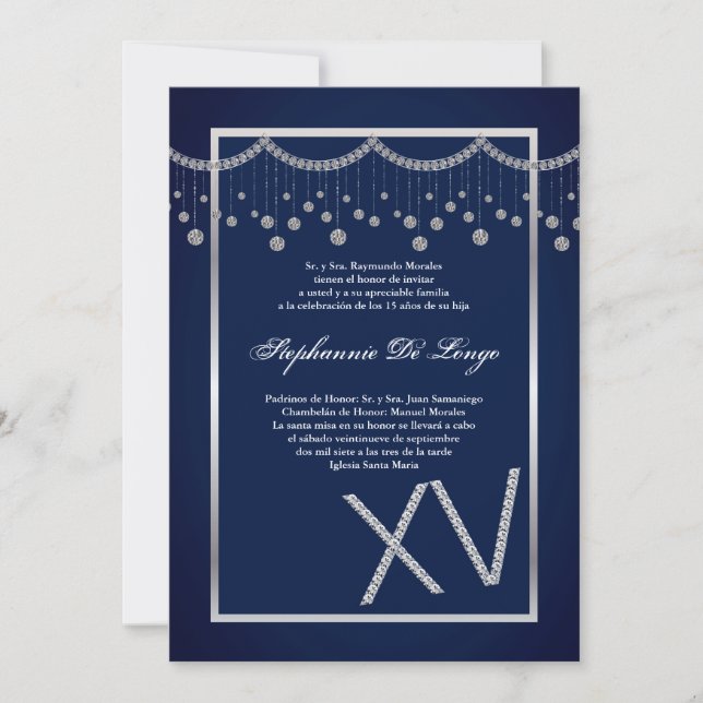 12x18 Navy Diamond Quinceanera Einladung zum Gebur (Vorderseite)