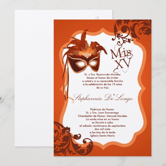 12x18 Orange Masquerade Maske Quinceanera Einladun Einladung (Vorne/Hinten)